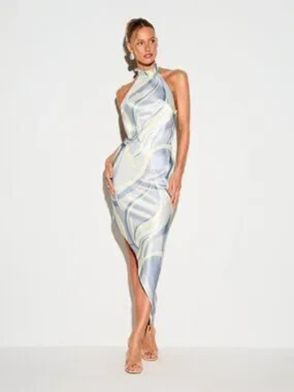 Multicolor Elegant Women's Swirl Print High Neck Asymmetrical Midi Dress